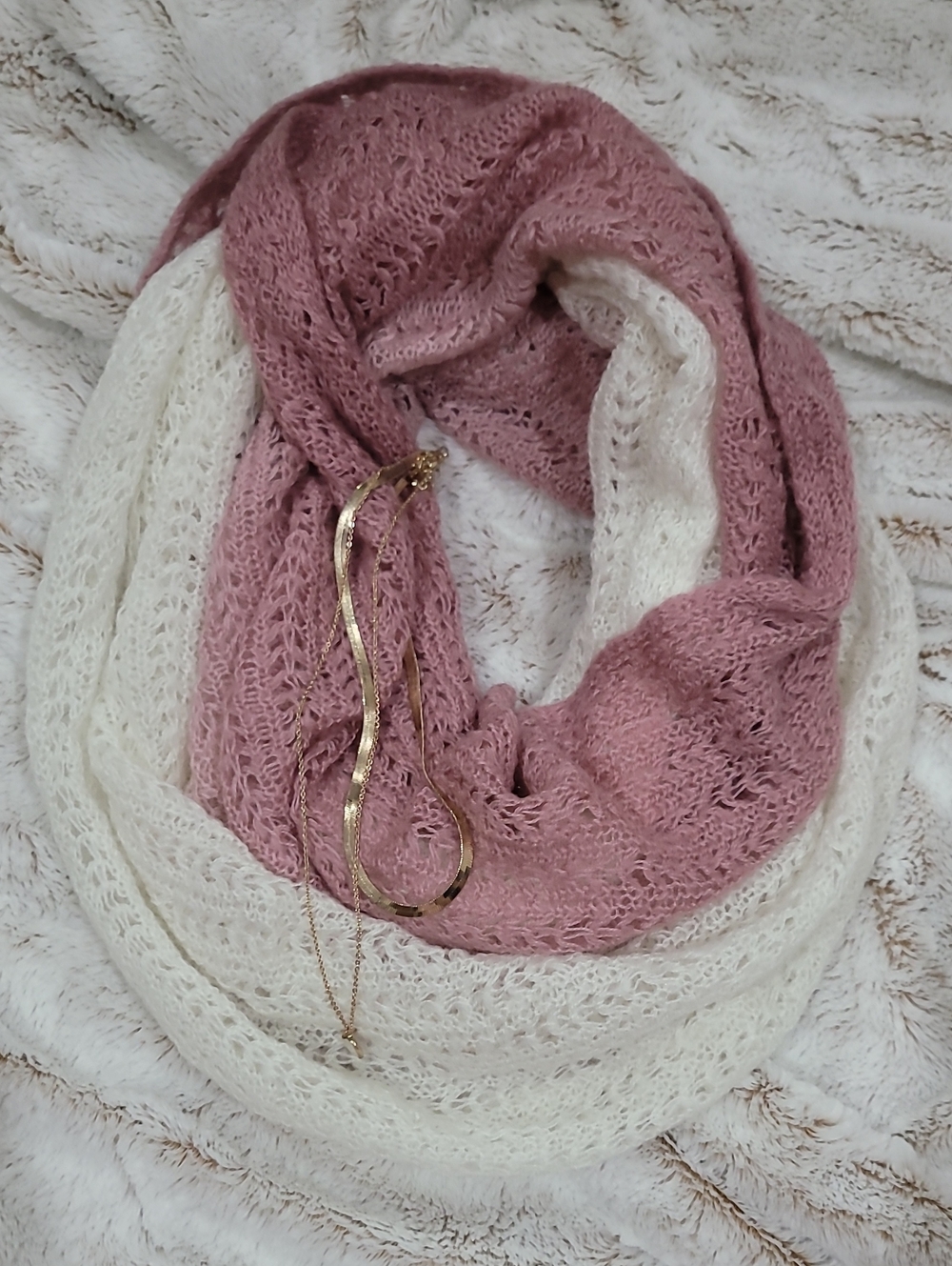 Two-Tone Pink & Cream Knit Infinity Scarf